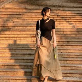 春令夏晚 中式套裝 禪風 民國風 復古 茶係 夏季 入畫江南新中式國風設計感提花上衣+高腰半身裙顯瘦兩件套女 女裝 女套
