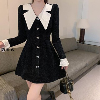 女裝洋裝 連身裙 復古娃娃領小香風甜美公主裙秋冬小個子收腰氣質法式黑色連身裙 子