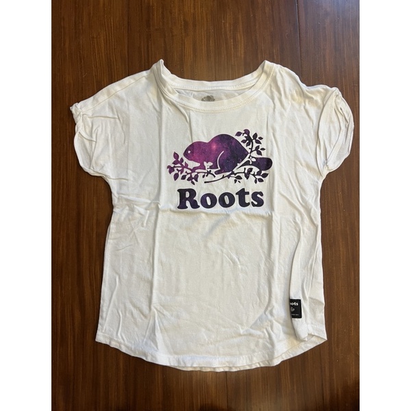 二手女童紫色roots白色上衣（尺寸S)