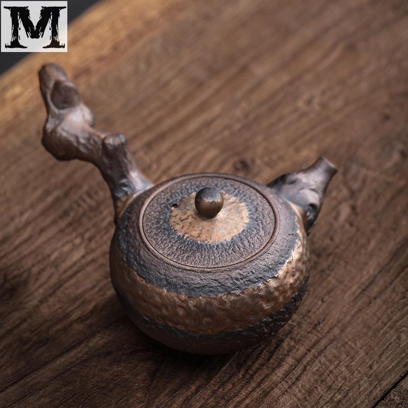 ✵免運✵鎏金鐵釉枯木側把壺 新中式粗陶手工復古陶瓷功夫茶具單壺茶壺