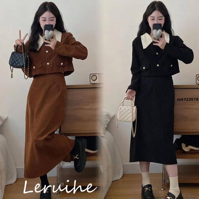 M-3XL 大尺碼女裝 秋天套裝 大尺碼套裝 冬天套裝 秋冬套裝 套裝女 燈芯絨復古上衣 半身裙 兩件套 HD2Tmk