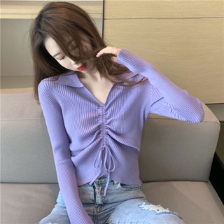 【Wik】長袖t恤 針織毛衣 衣服女 長袖 上衣 V領長袖打底衫女秋季韓版設計感修身抽繩褶皺針織衫洋氣內搭上衣