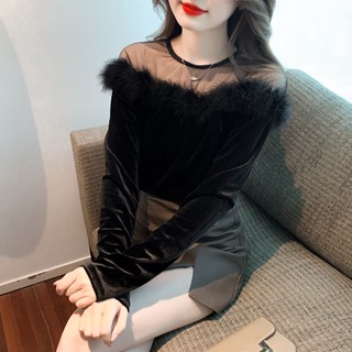 SY歐貨復古性感上衣絲絨長袖打底衫大尺碼露肩上衣女秋純慾性感網紗上衣紗拼接毛毛領露肩上衣黑色長袖上衣