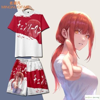 新款🔥瑪奇瑪短袖T恤電鋸人鏈鋸人動漫痛衣服二次元cos周邊男女夏季寬松 大尺碼上衣t cos上衣t恤 短褲 和服套裝