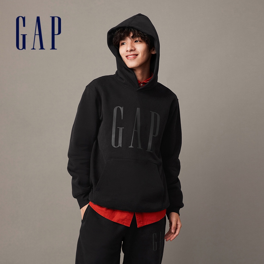 Gap 男女同款 Logo刷毛帽T 碳素軟磨系列-黑色(841332)