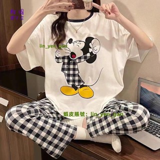 臺中店-睡衣 套裝 夏天 睡衣套裝 睡衣大尺碼 家居服睡衣女夏短袖韓版春秋季可愛長褲薄款寬鬆家居服套裝大尺155