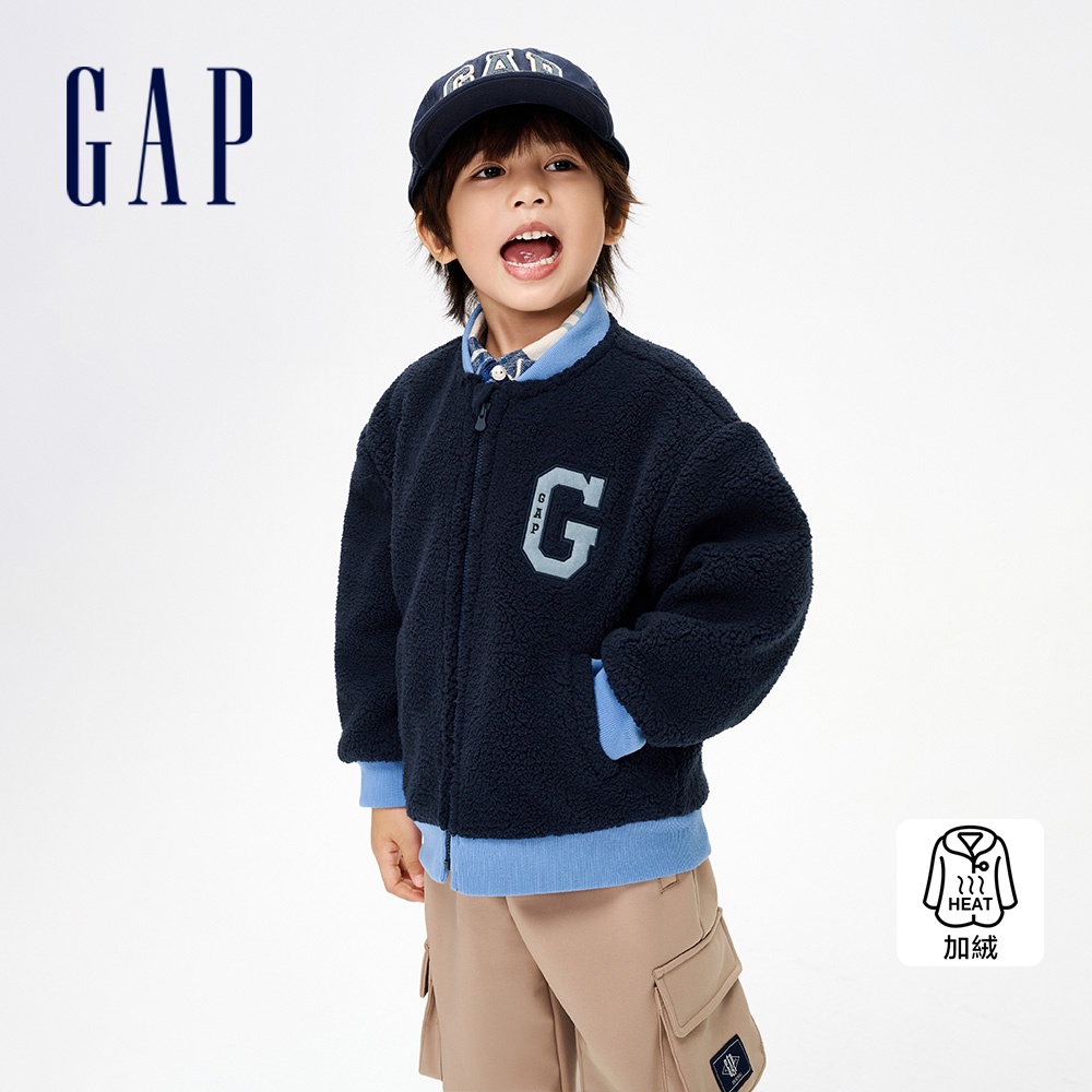 Gap 男幼童裝 Logo仿羊羔絨立領棒球外套-海軍藍(837019)