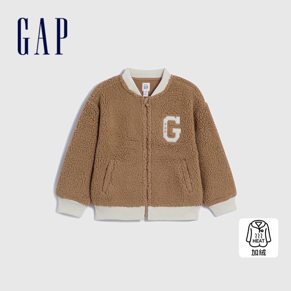 Gap 男幼童裝 Logo仿羊羔絨立領棒球外套-棕色(837019)