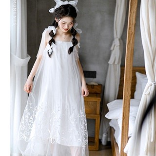 皮皮❥甜美公主白色宮廷風吊帶睡裙新娘晨袍女結婚晚禮服純色長裙家居服
