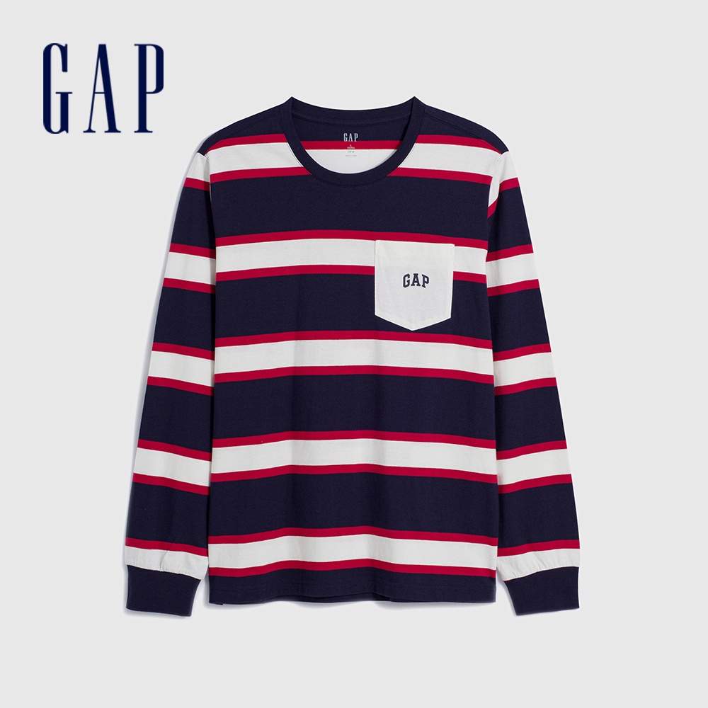 Gap 男裝 Logo純棉圓領長袖上衣 厚磅密織親膚系列-藍色條紋(841256)