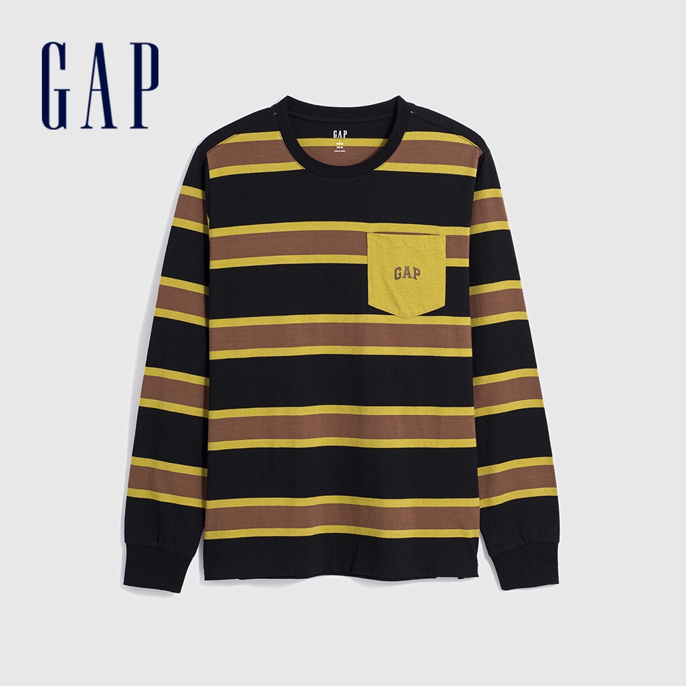 Gap 男裝 Logo純棉圓領長袖上衣 厚磅密織親膚系列-黑色條紋(841256)