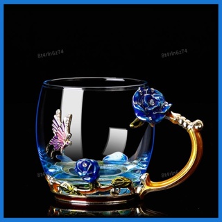 🌺熱賣🌺歐式琺瑯彩水杯 耐熱玻璃杯 咖啡泡茶杯子女 花茶杯 家用杯子 玫瑰水杯 創意情侶禮物