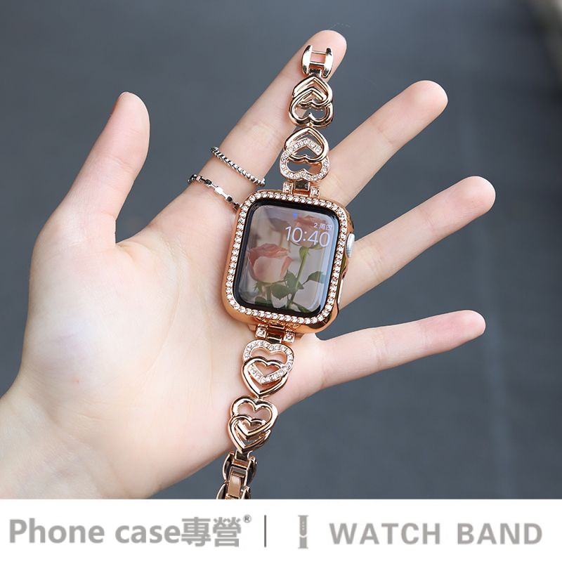 鑲鑽雙愛心 不鏽鋼金屬錶帶 蘋果手錶錶帶 Apple Watch 9 錶帶 8 7 6 5 4 SE 44mm 45mm