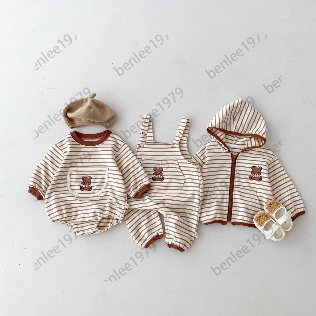 ⭐台灣出貨⭐秋季嬰兒連身衣無袖,熊條紋男孩女孩嬰兒連身衣嬰兒連帽衫大衣拉鍊嬰兒衣服 0-3 歲