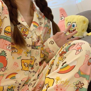 Only❤️睡衣女春秋款長袖寬松開衫套裝卡通海綿寶寶秋冬可愛派大星家居服