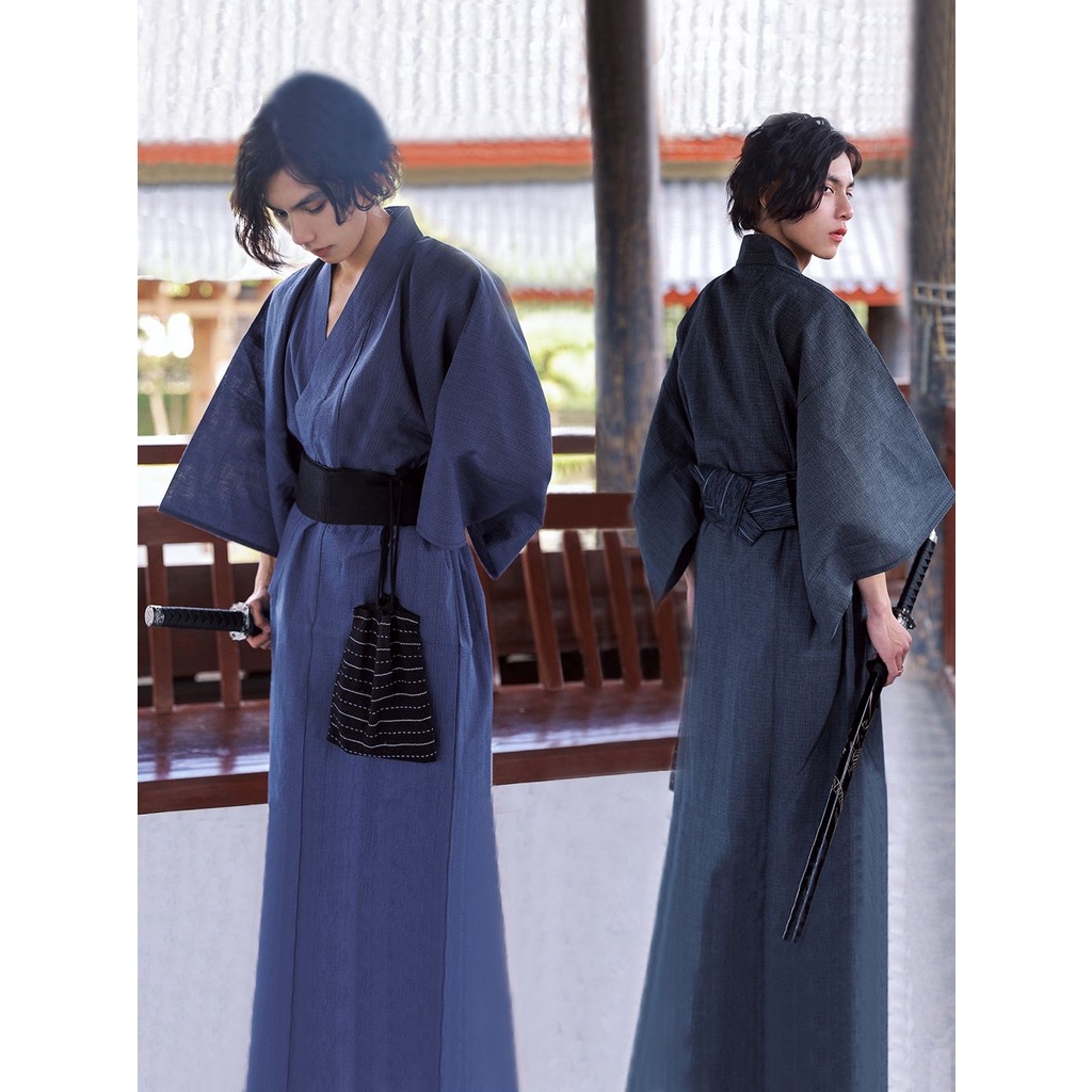 日本古早和服男士浴袍武士長袍浴袍桑拿服寫真服裝棉麻透氣灰藍色
