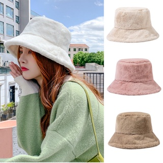New Bucket Hat Fashion Solid Color Winter Thick Warm Faux Fu