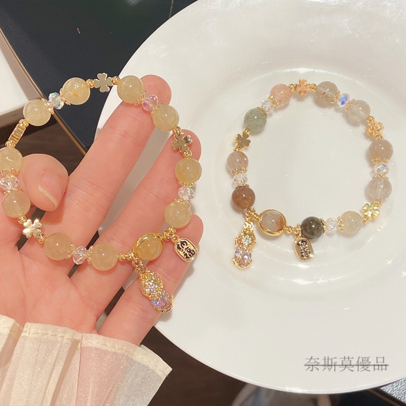 水晶手鍊 水晶原礦 天然水晶 紫水晶 綠水晶 招財水晶 水晶項鏈 白水晶 手鏈財源滾滾新款招財納福黃水晶貔貅手鏈超僊甜美