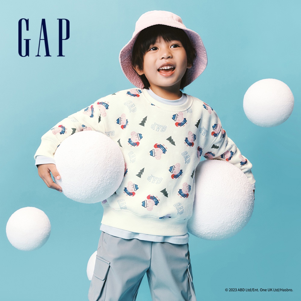 Gap 男幼童裝 Gap x 佩佩豬聯名 Logo印花刷毛圓領大學T-米白色(847361)