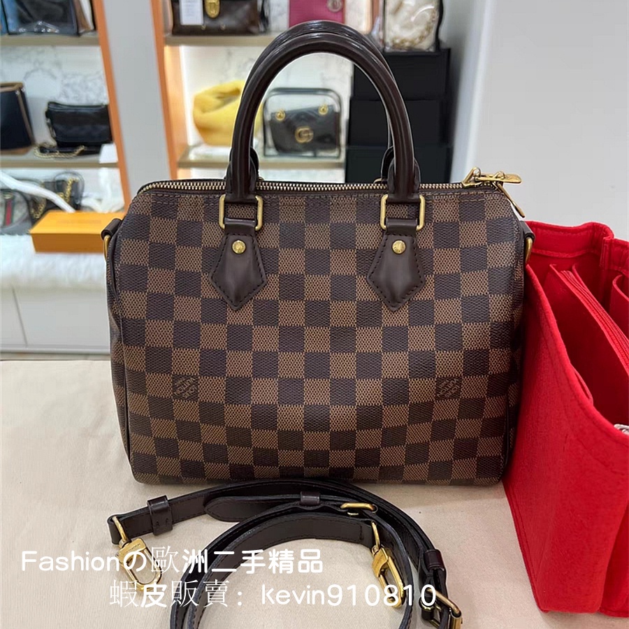 二手免運 LV 路易威登SPEEDY 25 枕頭包 棋盤格 手提單肩斜挎包 棕褐色 N41368 女生