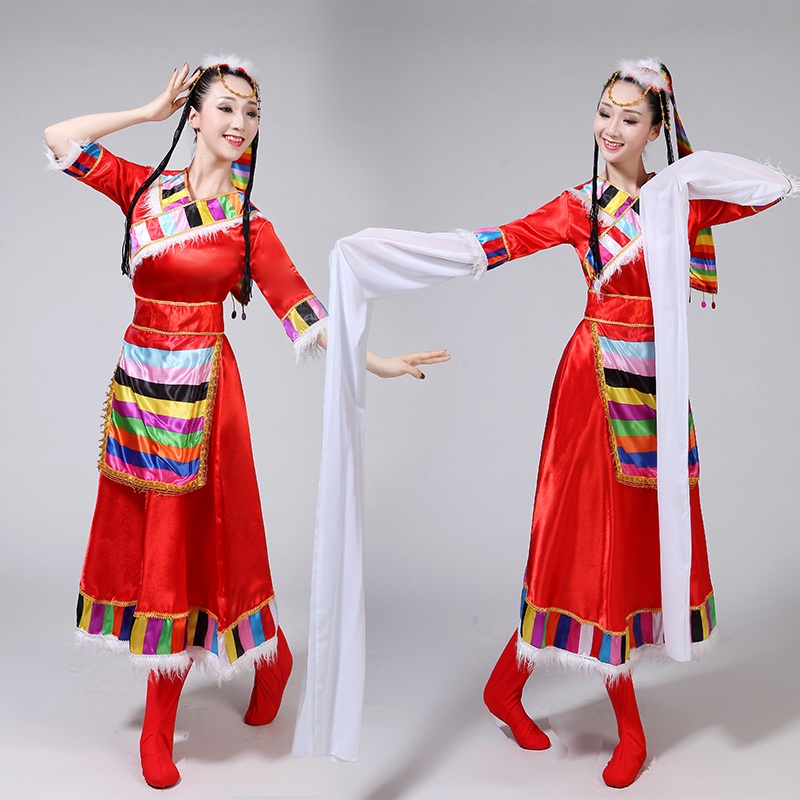 台灣出貨#藏族表演服裝 女藏族舞蹈表演服 藏族廣場舞服裝水袖舞蹈服飾藏服