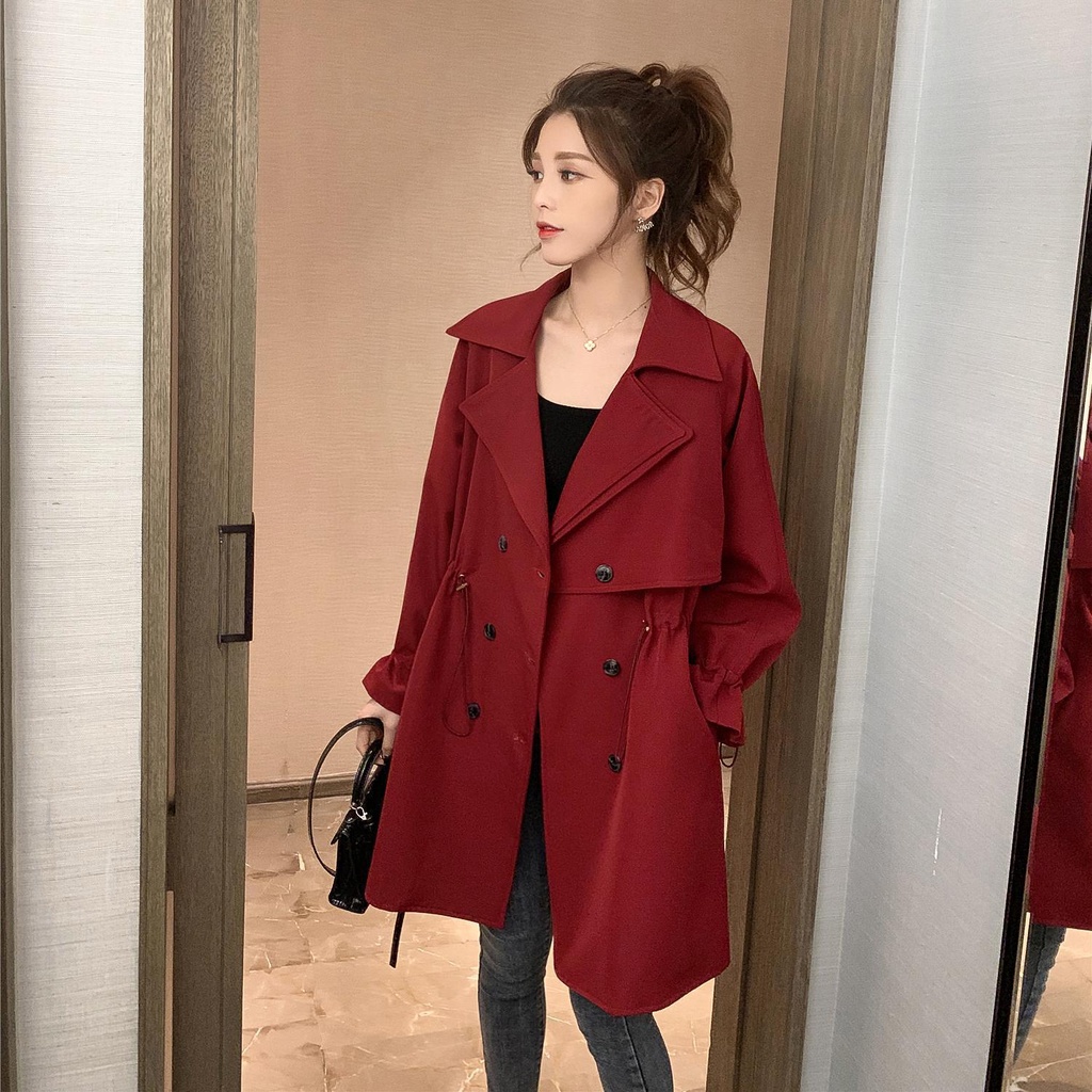 紅色洋裝 雙排扣中長版洋裝 女韓版3XL大尺碼長袖西裝 寬鬆休閒收腰風衣外套