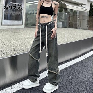 💥滿額免運🚚 女牛仔褲 窄管褲 大尺碼女裝 拉繩牛仔褲 鬆緊腰 牛仔褲 柚柑果 胖MM復古抽繩休閑寬松時尚毛邊牛仔褲