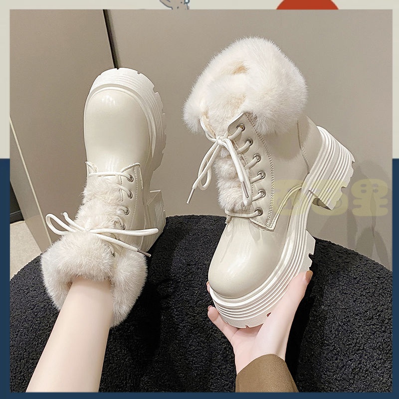 【西西時尚吧】冬季新款真皮高跟兔毛短靴女粗跟厚底英倫馬丁靴加絨棉靴雪地靴子