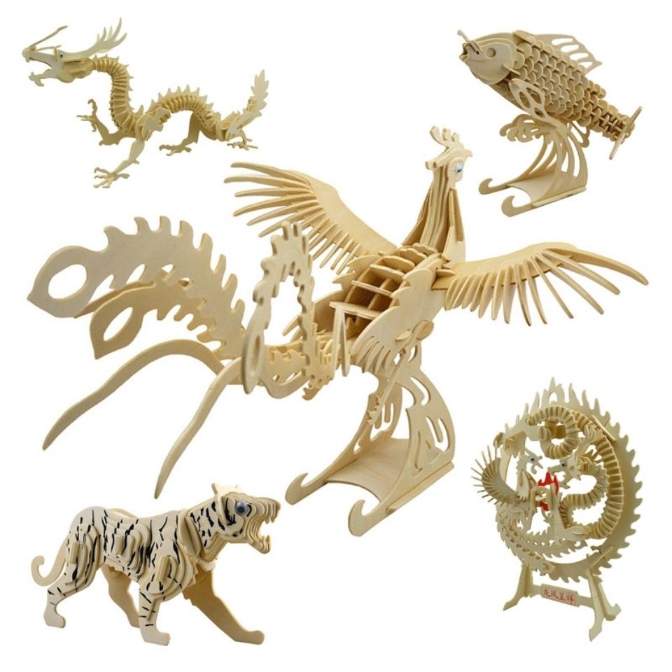 12生肖動物模型 3D立體木制拼圖玩具 禮物益智拼裝 木質拼圖模型