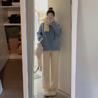GALA衣櫥 奶油闊腿褲子女冬款加絨加厚學生百搭寬鬆顯瘦高腰垂感直筒休閒褲