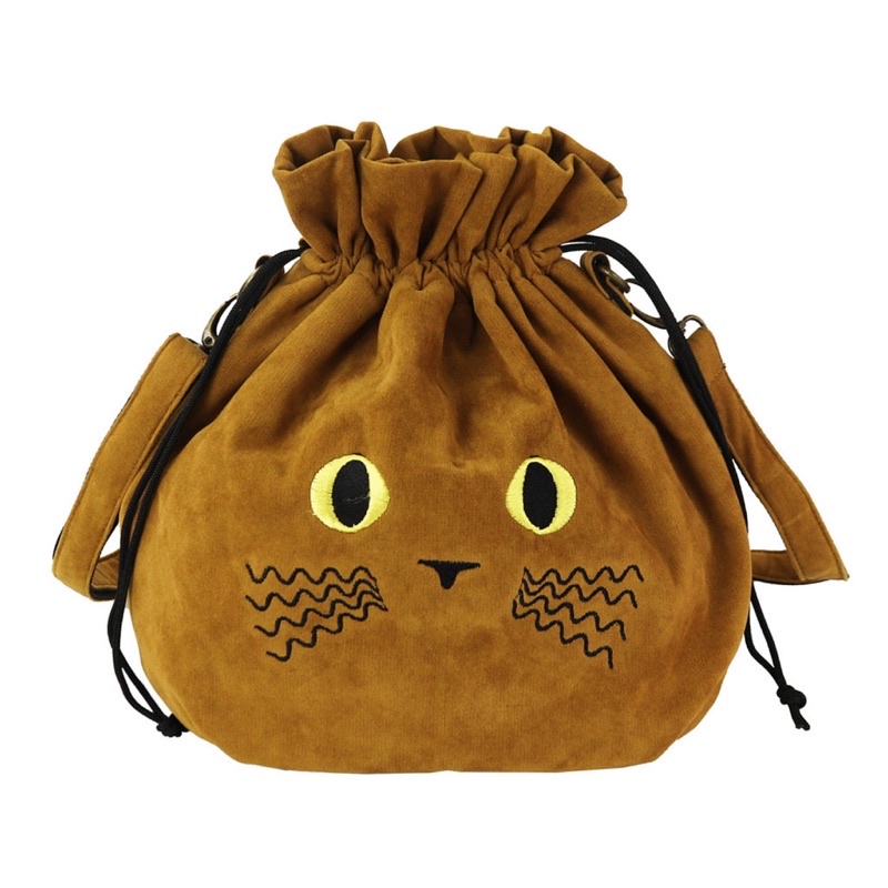 全新日本正版 miszapatos 斜背包 肩背包 貓咪 2WAY 手提包 刺繡 束口袋 側肩包 棕色
