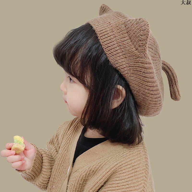 護耳帽🎆 月亮的暴擊韓國女寶寶秋冬洋氣貝雷帽加內襯小貓尾巴可愛款貓耳朵