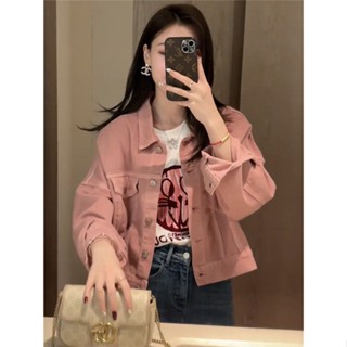 「小隻女」粉色牛仔襯衫外套女 設計感 小眾寬鬆 外搭夾克上衣女 短版牛仔外套 學院風 超顯瘦 純色牛仔上衣 洋氣夾克外套