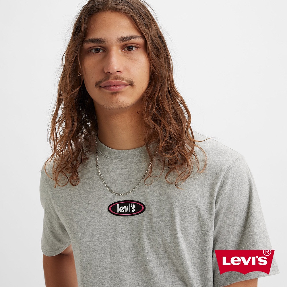 Levis 寬鬆版短袖T恤 / 復古海報體徽章Logo 麻花灰 男款 16143-1054 人氣新品
