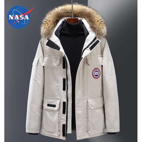 NASA羽絨服男中長款冬季加拿大風鵝派克情侶大毛領工裝保暖外套女