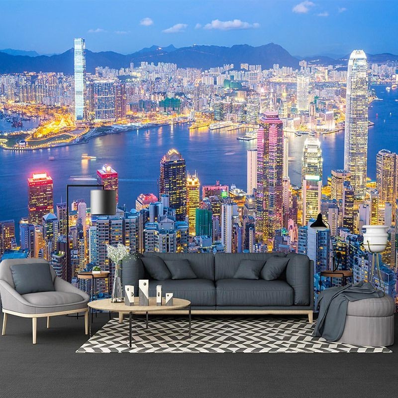 3d都市城市夜景壁紙現代香港裝修墻紙港式奶茶店餐廳墻面裝飾壁畫櫻桃小丸子精品店
