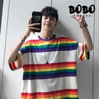 BOBO💥 男生短袖上衣 短袖T恤 夏季新款彩虹條紋短袖T恤男士青少年韓版寬松ins半袖百搭上衣服潮