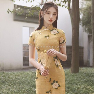 【高品質】改良式旗袍 洋裝 2023年新款女夏季黃色年輕款少女高階氣質長款雪紡連衣裙 旗袍 洋裝