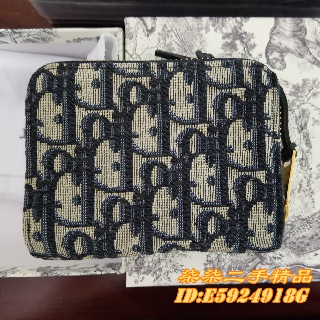 二手精品 DIOR 迪奧 Oblique 藍色提花 短款 拉鏈錢包 卡包 零錢包 S5538