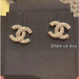 CHANEL 香奈兒 新款22b 珍珠拼鑽 雙C 耳釘 耳環 水鑽 金色 時尚耳環 珍珠耳環