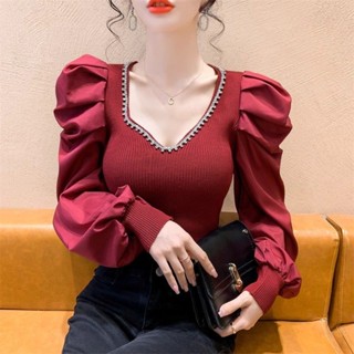 SY長袖針織衫上衣V領針織衫上衣女秋冬新款女裝泡泡袖毛衣時尚洋氣長袖打底衫