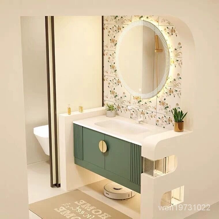 [免運]綠色浴室櫃法式岩板無縫一體盆衛生間洗手台輕奢衛浴櫃橡木衛浴櫃衛浴鏡箱 儲物鏡 浴鏡 壁掛收納櫃 化妝鏡 廁所置物