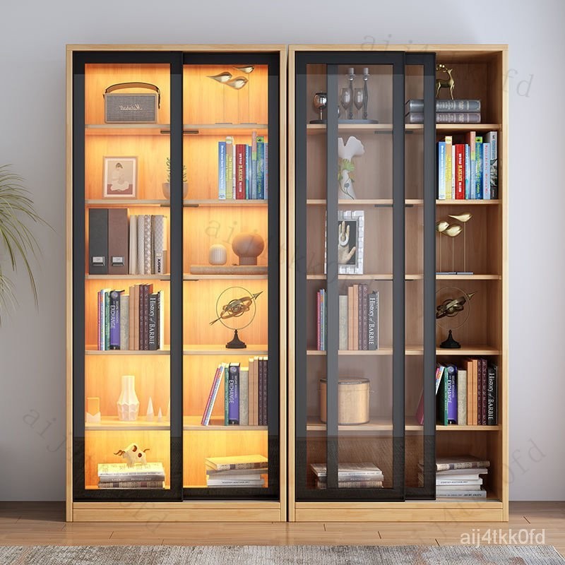 移門書櫃全實木推拉玻璃門書櫥學生儲物文件櫃簡約現代防塵展示櫃