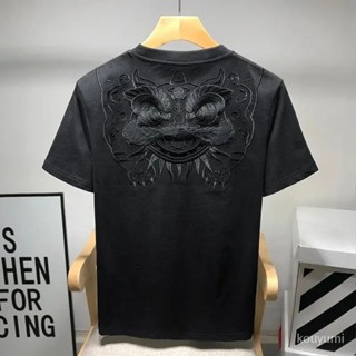 2024高品質🌈夏季潮牌國潮中國風醒獅刺繡短袖T恤 男小眾設計感民族風體恤半袖 3HP6