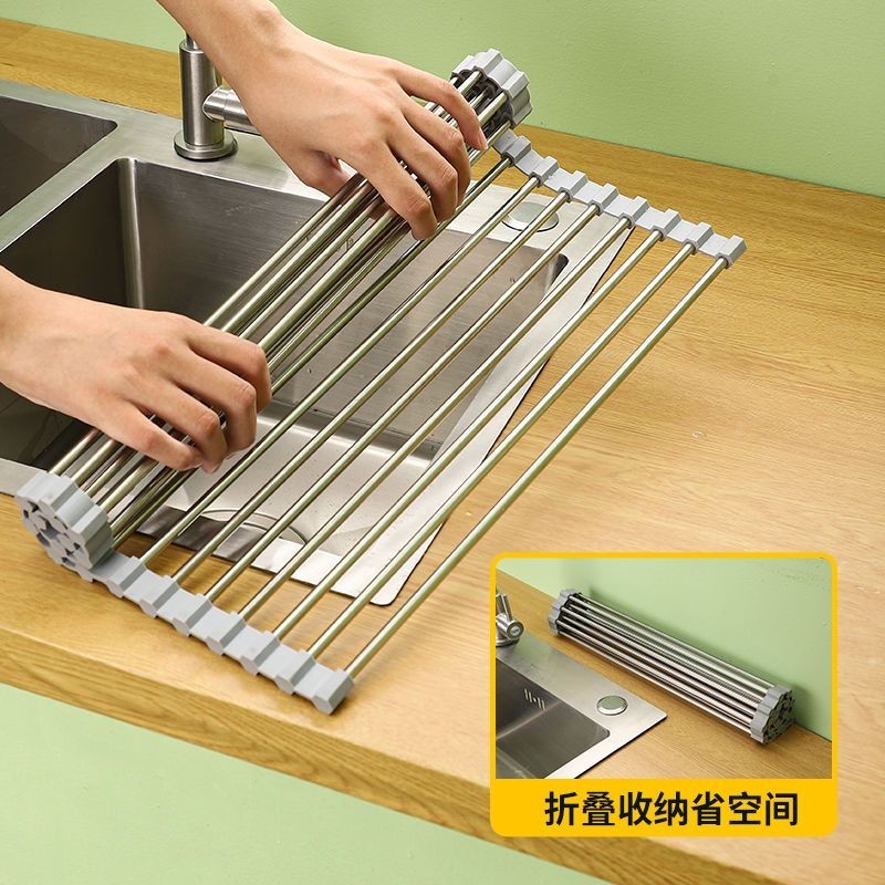 🍀🍀304不銹鋼瀝水卷簾廚房水槽瀝碗碟架可折疊瀝水架防霉硅膠置物架