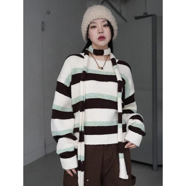 【Codibook】韓國 binary01 羊毛條紋針織衫+小圍巾［預購］針織衫 毛衣 女裝