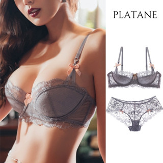 platane性感蕾絲內衣女薄棉款大尺碼內衣微集中爆乳防下垂上託內衣套裝