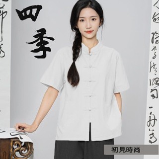初見🔹民族風上衣 改良旗袍上衣 中國風上衣 改良式旗袍 中國風女裝 夏棉麻套裝女復古漢服中國風盤扣短袖新中式上衣唐裝藝