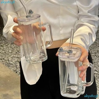 臺灣出貨ins水杯 咖啡杯 早餐杯 玻璃吸管杯 【D】簡約ins風條紋玻璃杯帶把吸管直身方杯牛奶杯飲料杯奶昔杯咖啡杯YA