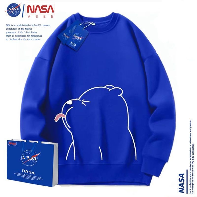 NASA聯名小熊小眾美拉德秋冬季潮牌寬鬆運動男女情侶圓領大學T外套